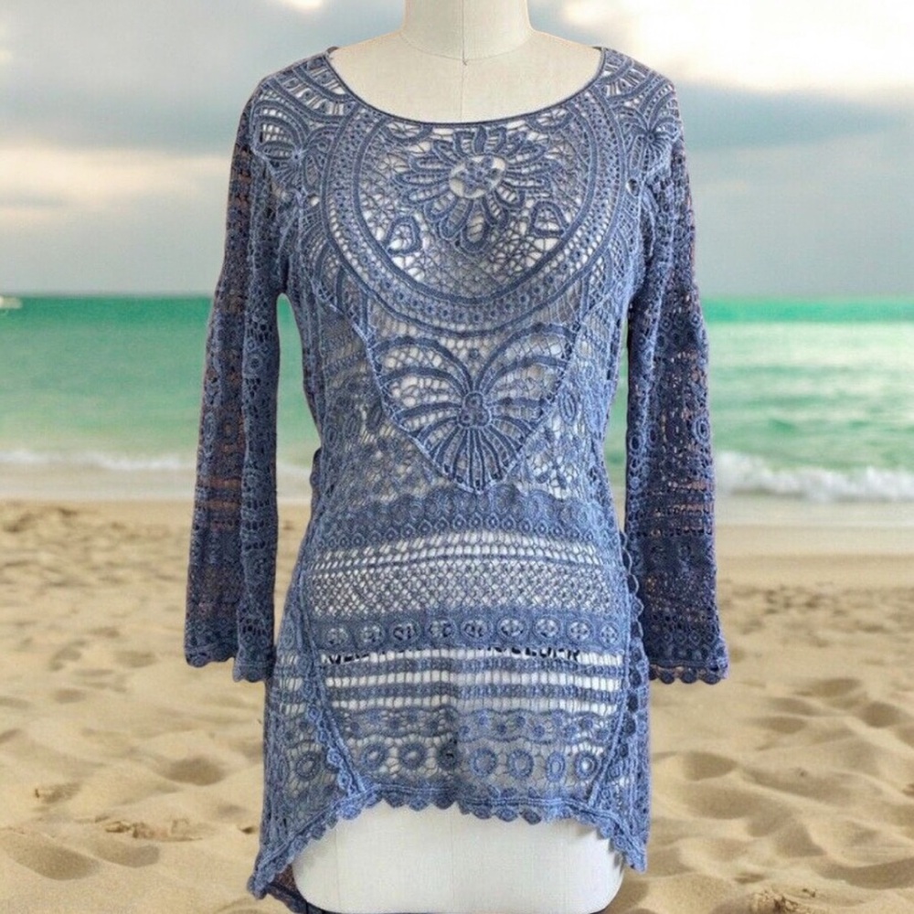XCVI Womanʻs Grey Crochet Knit Sweater
